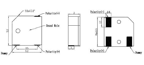 Dimensions of SMD magnetic buzzer FT5020SM