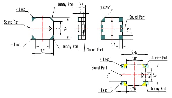 Dimensions of SMD magnetic buzzer FT7525SM
