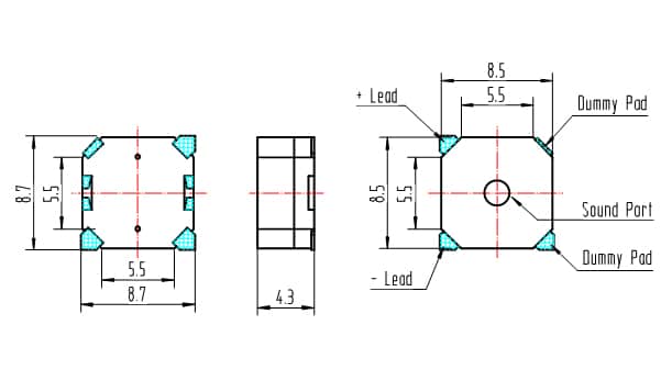 Dimensions of SMD magnetic buzzer FT8540SM