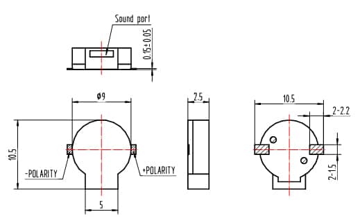 Dimensions of SMD magnetic buzzer FT9025SM