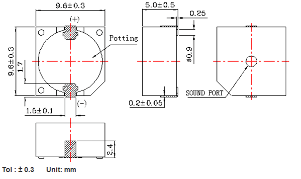 Dimensions of SMD magnetic buzzer FT9650SA