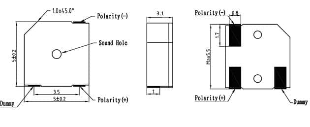 Dimensions of SMD magnetic transducer FT5020SM