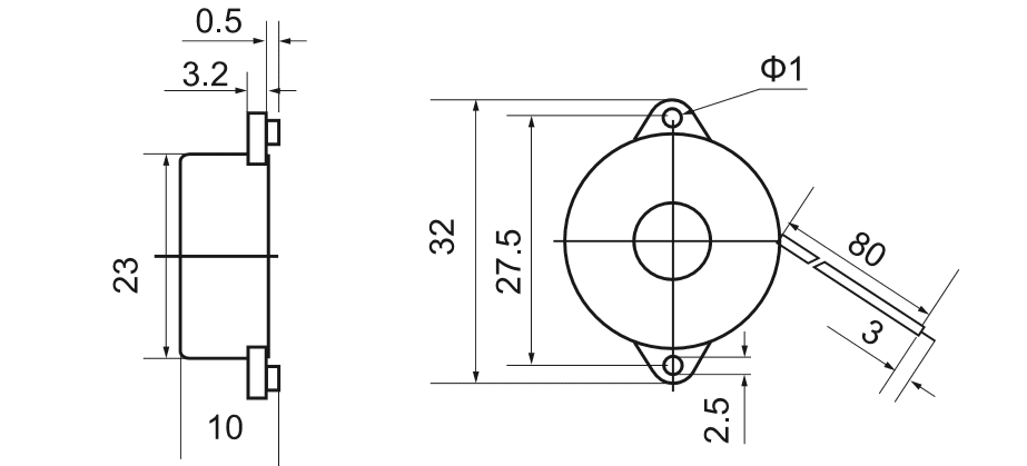 dimensions of Piezo Buzzer 2310E